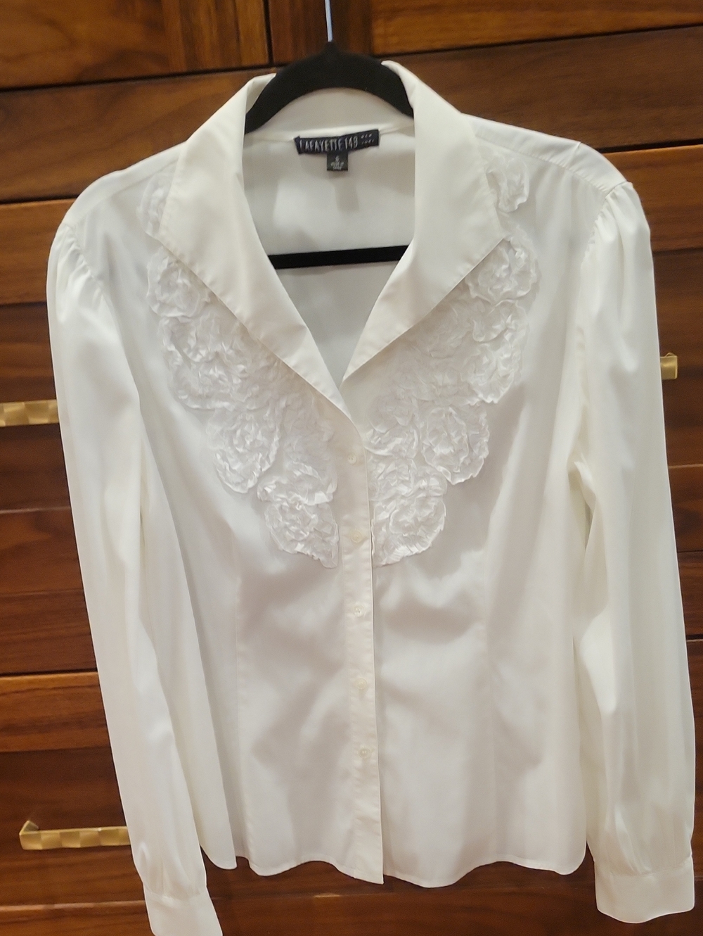 Lafayette 148 New York Cream Button-Down Blouse with Floral Appliqué